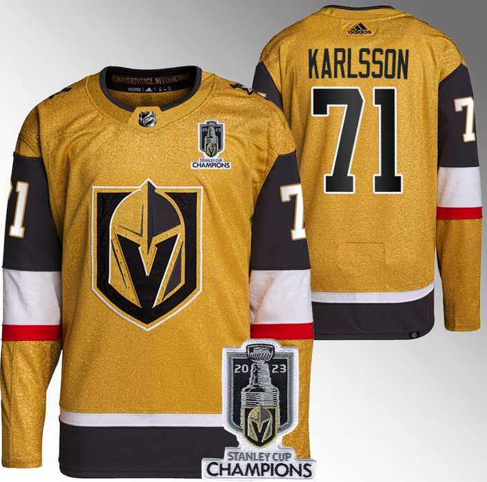 Mens Vegas Golden Knights #71 William Karlsson Gold 2023 Stanley Cup Champions Stitched Jersey